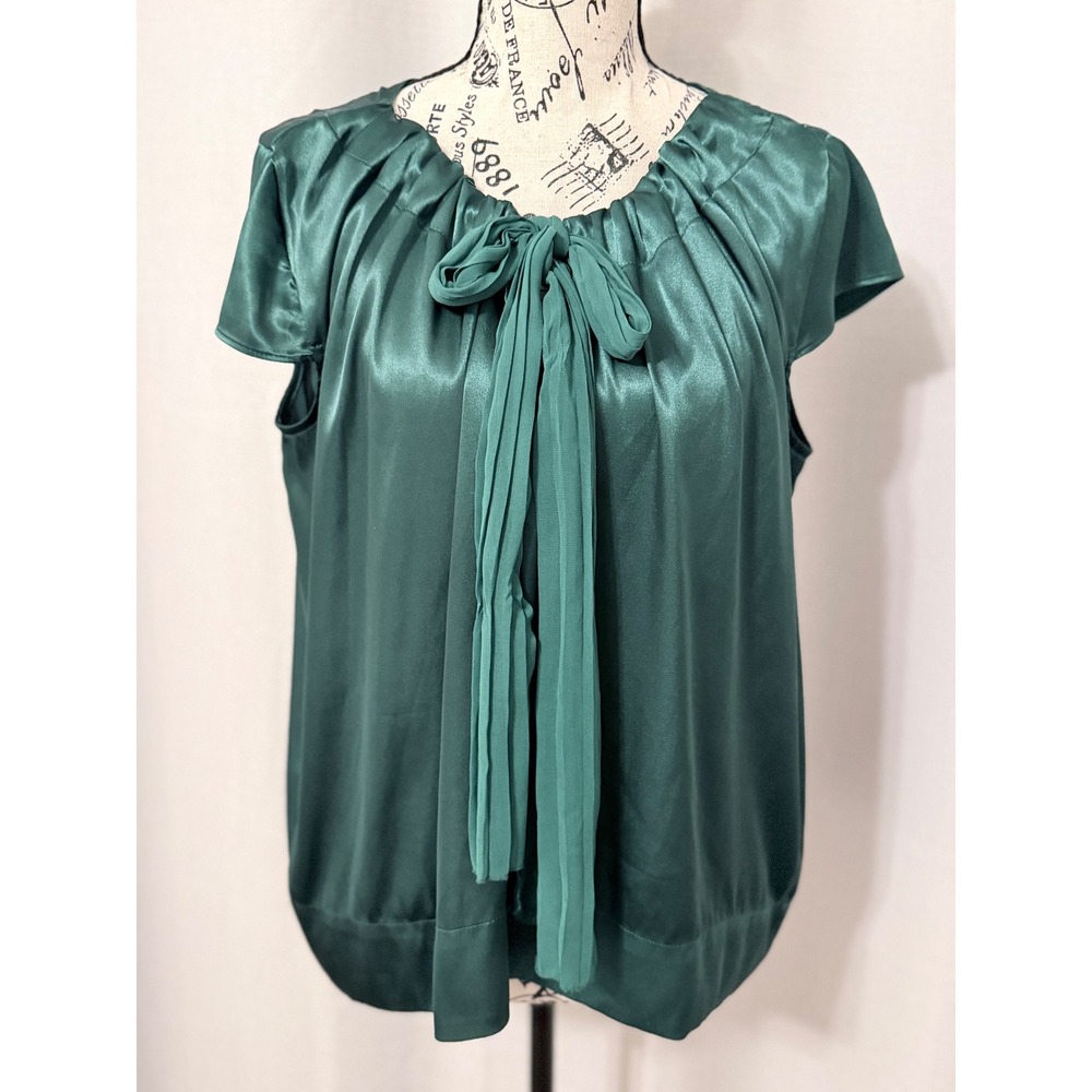 New York & Company Emerald Green Satin Tie Neck Blouse Top Large